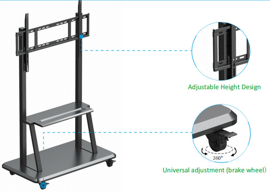 پایه موبایل الکترونیکی 220LBS 800x600mm مشکی فلزی 52-86 اینچی برای مانیتور صفحه لمسی