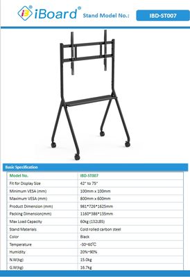 پایه تخته سفید تعاملی جدید متحرک 42 تا 75 اینچ تلویزیون مانیتور بالابر پایه متحرک حداکثر تحمل 60 کیلوگرم چرخ های قدرتمند حرکت آسان برای پایه متحرک تخته سفید تعاملی
